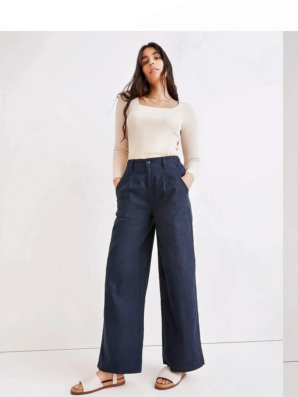 Madewell Wide Leg Linen Blend Pants in Blue Size Medium NWT size 8 Tall